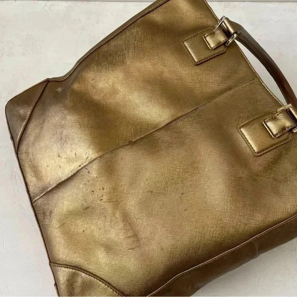 Tory Burch Robinson Gold Metallic Saffiano Mirror Tote Purse - Picture 7 of 15